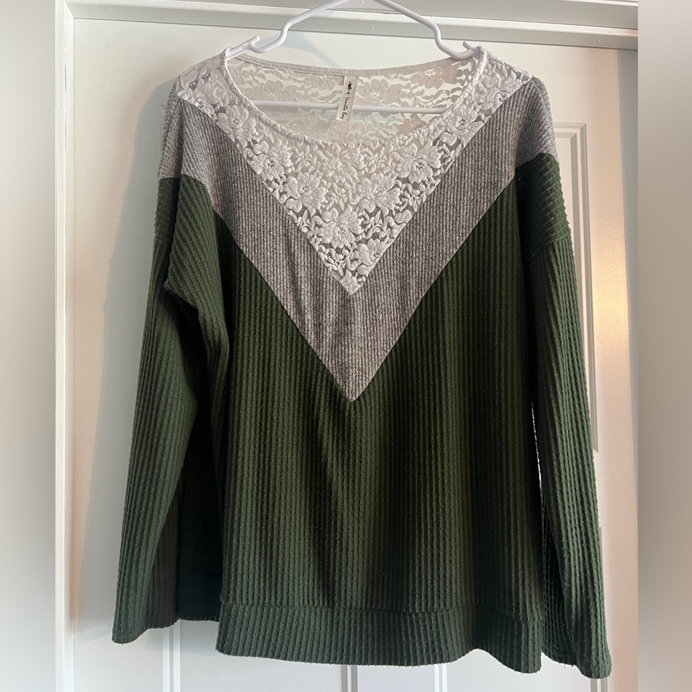 Vanilla Bay Olive and Gray Lace Detail Sweater